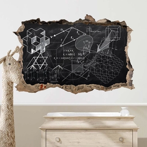 3D broken wall sticker featuring physics formulas and math geometry for classroom decor