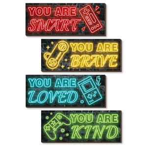Neon style gaming wall art set of four wooden plaques for boys room decoration