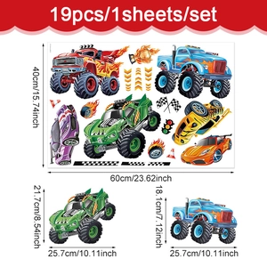3D racing car and monster truck wall stickers set with 19 decorative decals for boys room