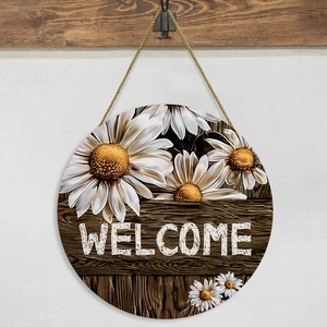 Rustic round wooden Welcome sign with white daisies and jute rope for home wall decor