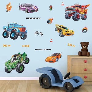 3D Racing Car Monster Truck Wall Sticker For Kids Room Boys Bedroom PVC Self Adhesive Racing Theme Home Decoration Wall Decal Sticker
