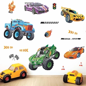 3D racing car wall stickers for kids room featuring colorful trucks and race elements