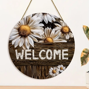 Rustic wood welcome sign with sunflower design and twine hanger for home door decor