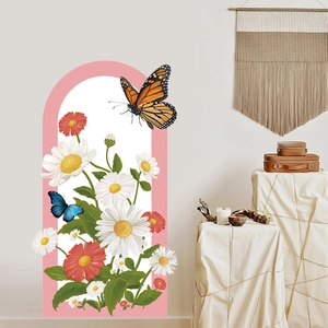 Bohemian large arch wall sticker with daisy flowers and butterflies for living room decor