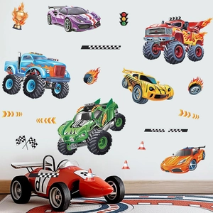 3D racing car wall decals for kids room with fire themes and vibrant trophy stickers