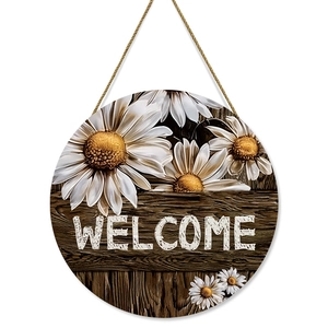 Rustic wooden round welcome sign with white sunflower patterns and jute hanging rope
