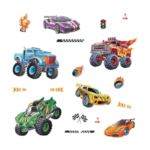 3D racing car wall stickers for kids rooms with colorful supercars and flame trophies