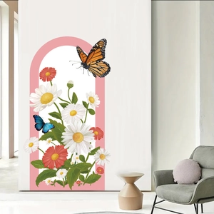 Bohemian floral wall decals with daisies and butterflies in a pink arch frame