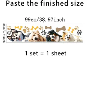 Size chart showing cartoon dog wall stickers measuring 99cm in length and 25cm in height