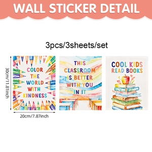 3-piece colorful pencil and book themed PVC wall stickers for classroom decor