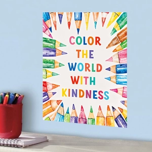 Colorful pencil art wall sticker with Color The World With Kindness slogan for kids room