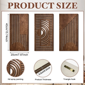Three-piece modern geometric wood wall decor set with size dimensions and metal hooks