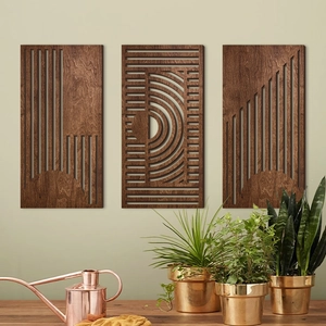 Three-piece set of dark wood geometric hollow wall art panels for home decor