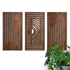 Three-piece walnut wood wall art set with geometric hollow patterns in a modern style