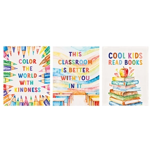 Three-piece watercolor classroom wall posters with inspiring quotes and crayon art
