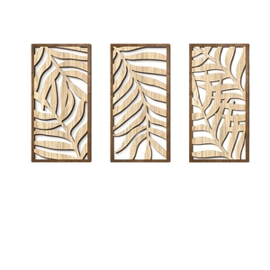Three-piece set of hollowed-out tropical leaf wooden wall art with dark frames