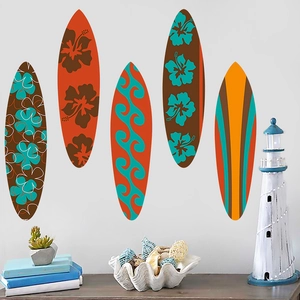 Lot de 5 stickers muraux planche de surf Hawaii avec motifs hibiscus et vagues