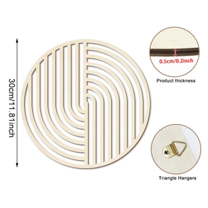 Modern geometric spiral hollow wood wall decor with dimensions and hanger details
