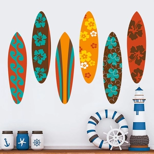 Lot de 6 stickers muraux planche de surf style Hawaii pour déco d'été en PVC