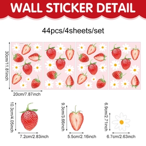 Bohemian strawberry and white daisy PVC wall sticker set with 44 decals for room decor