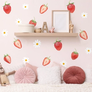 Bohemian strawberry and daisy wall decals featuring watercolor fruit and floral patterns