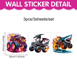 Cartoon monster truck dinosaur and shark wall stickers set for boys bedroom decor