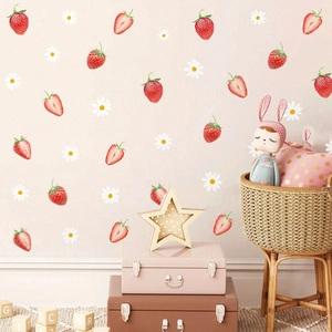 Bohemian Style Strawberry Daisy Wall Stickers PVC Self-Adhesive Botanical Floral Decals For Kids Room Bedroom Home Decoration