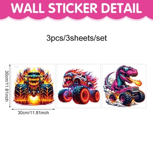 Three-piece set of cartoon dinosaur and monster truck wall stickers, each 30x30cm size