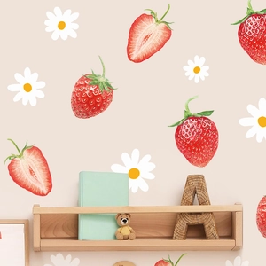 Bohemian strawberry and daisy watercolor wall stickers for kids room home decoration