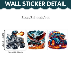 Set of 3 cartoon dinosaur monster truck wall stickers for boys bedroom each 30x30cm