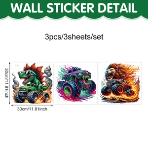 Detailed view of 3pcs 30x30cm dinosaur and monster truck PVC wall stickers for boys room