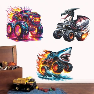 Cartoon Monster Truck Dinosaur Wall Stickers Set PVC Self-Adhesive Car Decals For Kids Room Decor Boys Bedroom Kindergarten