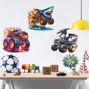 Cartoon monster truck dinosaur wall decals for boys bedroom decor with 3 vibrant designs