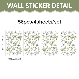 Set of 4 sheets with 56 fresh green leaf and flower wall stickers for home wall decor