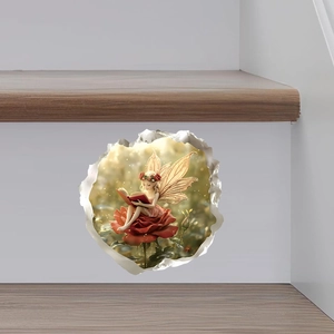 3D fairy reading on a red rose wall sticker with broken wall effect for home decor