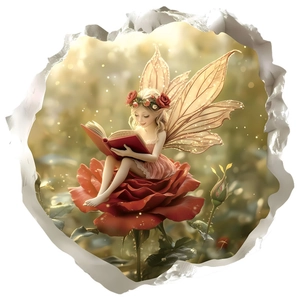 3D fairy reading on a red rose wall decal with broken wall effect home decoration
