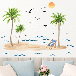 Adesivo murale palme tropicali con sole e sedia per decorazione spiaggia casa