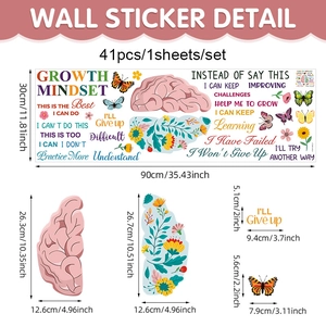Growth mindset PVC wall decals with brain and flower design for school decor, 90x30cm