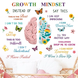 Growth Mindset PVC wall sticker set with brain and floral patterns for kids' rooms