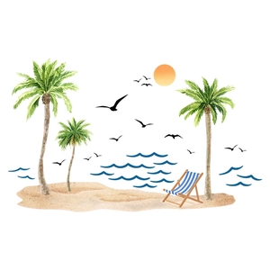 Adesivi murali spiaggia tropicale con palme e sole in stile acquerello moderno