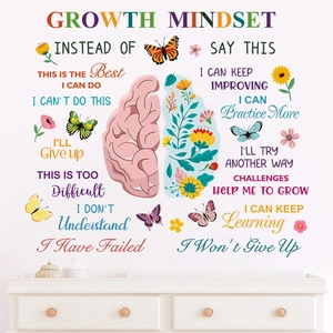 Growth Mindset Wall Decal Brain Flower Butterfly Pattern Motivational Quotes Educational PVC Poster For Classroom Kids Room