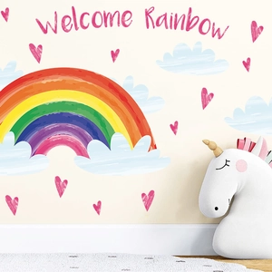 Boho watercolor rainbow wall decals with clouds and hearts for nursery room decoration