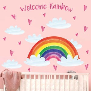 Bohemian Watercolor Rainbow Wall Stickers Large Colorful Rainbow Clouds Hearts Welcome Nursery Kids Room Decor Wall Decals