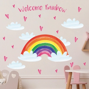 Boho watercolor rainbow wall decals with clouds and pink hearts for kids room decoration