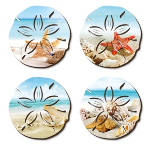Set of four nautical coasters with ocean beach prints and hollow flower patterns