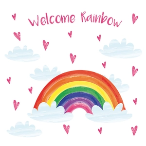 Bohemian watercolor rainbow wall sticker with Welcome text and pink hearts for nursery