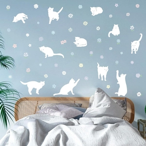 Bohemian white cat wall stickers with paw prints and flowers for kids room decor