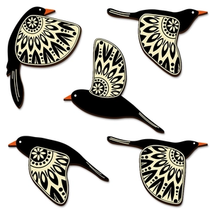 5-piece wooden flying bird wall art set with black finish and mandala pattern wings