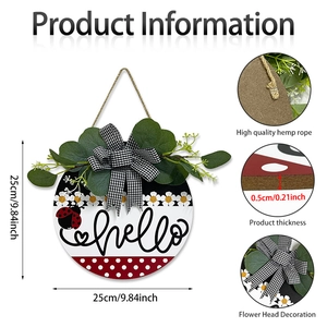 Detail view of 9.8 inch wooden hello sign showing thickness and artificial floral decor