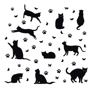 Bohemian black cat wall stickers set with paw prints and butterflies for kids room